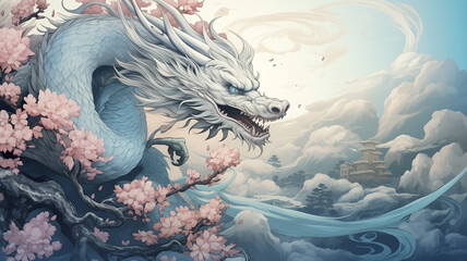 Fototapeta na wymiar Background image, blue tone, landscape, Chinese dragon