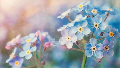 spring blue forget me nots flowers posy pastel background selective focus toned floral card