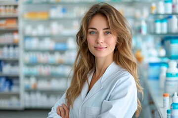 A determined female pharmacist stands in her pristine lab, her face focused as she carefully pours liquid from a bottle, embodying the strength and intelligence of a modern working woman