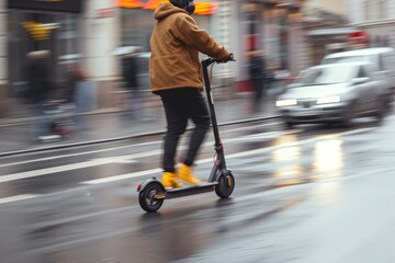 A fashionable person glides down the bustling city street on their yellow segway, confidently maneuvering through the crowd with their sleek wheels and stylish footwear