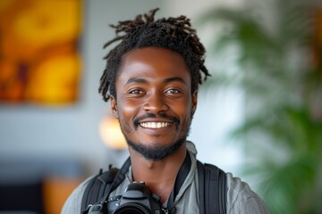 A joyful man with dreadlocks smiles brightly while capturing a moment with his camera, his expressive face framed by stylish clothing and a thoughtful forehead