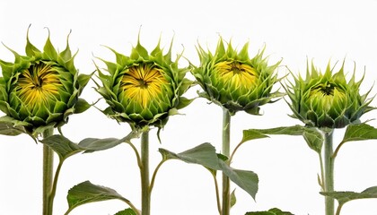 four unopened sunflower buds on stems at various angles on white background