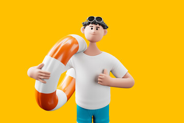 Portrait of a young happy man in sunglasses and with rubber ring wearing office clothes showing thumb up sign isolated on yellow background.3d illustration.	