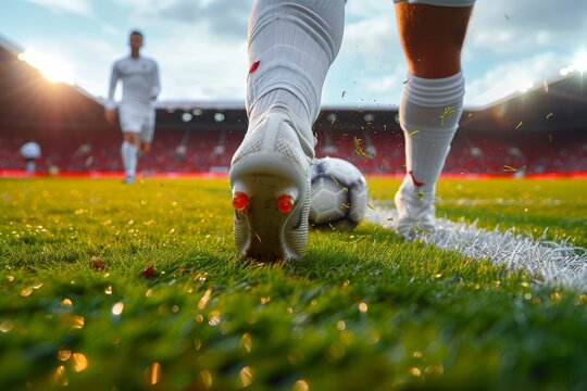 A skilled soccer player gracefully navigates the artificial turf, their shoes digging into the grass as they reach for the sky in pursuit of the ball on the outdoor field