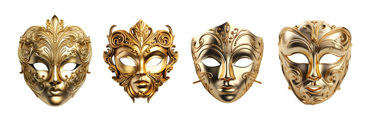Set of Elegant representation of a golden opera mask, focusing on its captivating single eye on a transparent background - obrazy, fototapety, plakaty