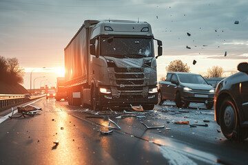 Accident report concerning collision between semi truck a highway road Generative AI - obrazy, fototapety, plakaty