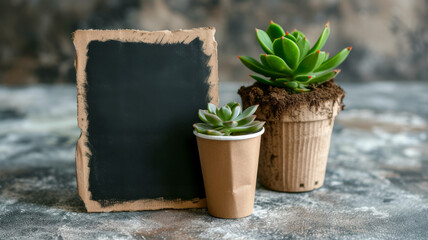 Eco-conscious succulents in biodegradable pots beside a vintage blackboard, emphasizing sustainability and green living