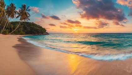 tranquil tropical beachscape panoramic view of sandy shore serene sunset and relaxing summer vibes travel holiday banner generated
