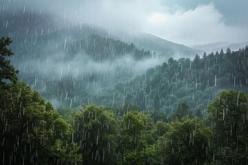 A misty rain drapes over the lush green forest, shrouding the towering trees and foggy mountains in a serene veil of nature's embrace