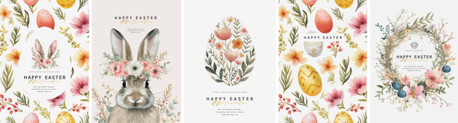 Happy easter! Vector elegant trendy watercolor illustration of cute Easter bunny with floral wreath, Easter eggs pattern, flowers, leaves and branches frame for greeting card, background or invitation - 728518461