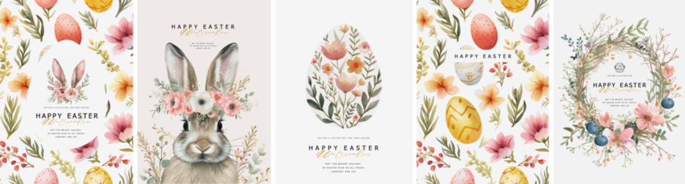 Happy easter! Vector elegant trendy watercolor illustration of cute Easter bunny with floral wreath, Easter eggs pattern, flowers, leaves and branches frame for greeting card, background or invitation