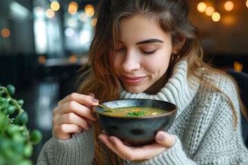 A young asian woman, dressed in traditional clothing, tenderly holds a steaming bowl of soup, surrounded by lush plants and delicate dishware on an indoor table, conveying warmth, comfort, and cultur