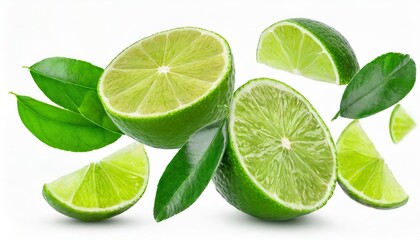 lime fruit isolate lime whole half slice leaf on white falling lime slices with leaves flying fruit...