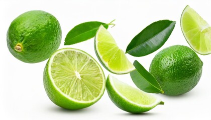 lime fruit isolate lime whole half slice leaf on white falling lime slices with leaves flying fruit...