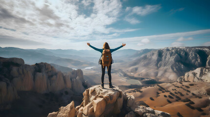Happy girl with a backpack is on the edge of a high mountain - obrazy, fototapety, plakaty