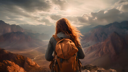 Happy girl with a backpack is on the edge of a high mountain - obrazy, fototapety, plakaty