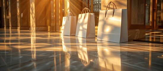 Sunlight streams onto elegant shopping bags in a high-end lobby, evoking luxury and style