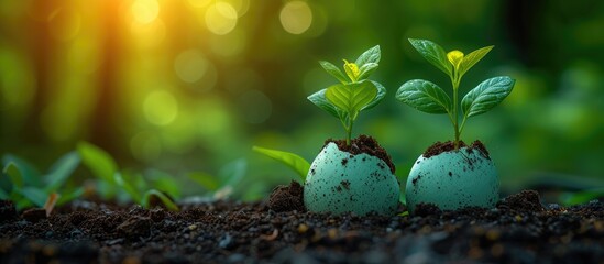 The concept of new life and sustainability is captured by young plants sprouting from eggshells on fertile soil - obrazy, fototapety, plakaty