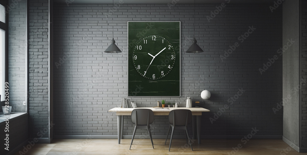 Poster green wall clock on white table in living room. 3d rendering,working space with clock on wall, 3d re