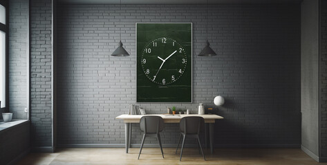 Green wall clock on white table in living room. 3d rendering,Working space with clock on wall, 3d rendering. Computer digital drawing.