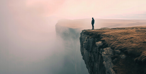 Man standing on the edge of a cliff and looking at the sunset,Silhouette of a man standing on the edge of a cliff in the fog. - Powered by Adobe