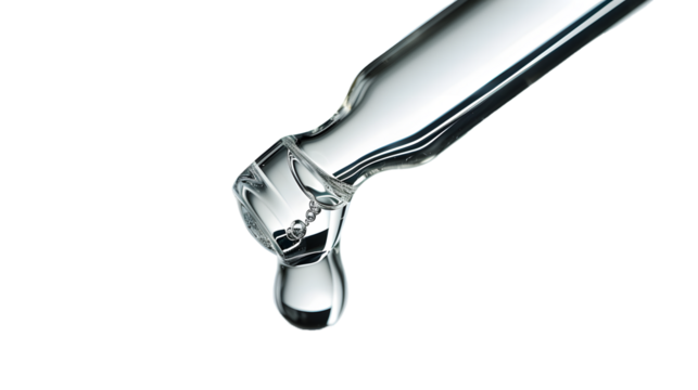 Clear essential oil dripping from dropper isolated on white background