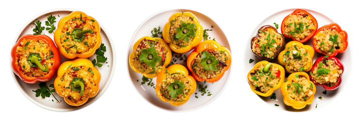 Set of quinoa stuffed bell peppers isolated on a transparent background.