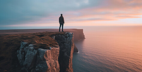 Man standing on the edge of a cliff and looking at the sunset,Silhouette of a man standing on the edge of a cliff in the fog.