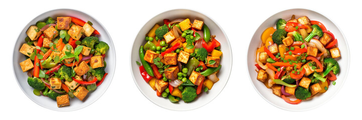 Set of vegetable stir-fry with tofu isolated on a transparent background.