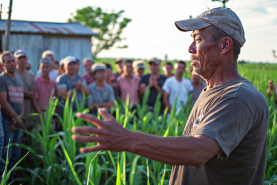 Farmer presenting to a group in a field at sunset Generative AI image