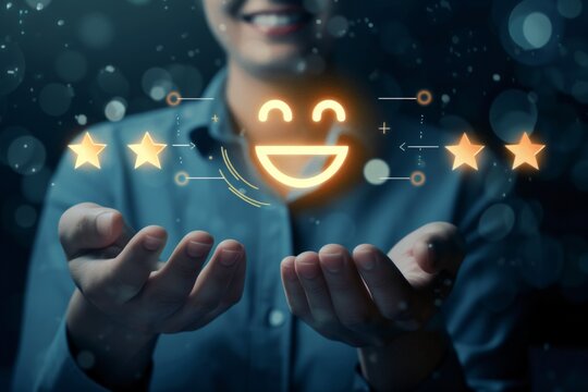 Naklejki Conjoint buoyant uplift emojis. Verified reviews client media communication manipulate smiles happy faces. Neon glowing star emojis, star ratings, handicraft joyful and light happy lucky smiley faces.