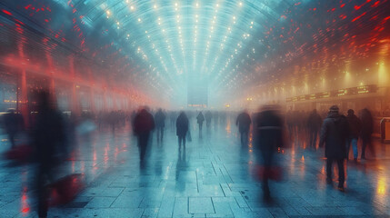 Busy urban scene with blurred people under illuminated arches Generative AI image