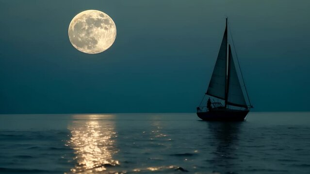 A silhouette of a sailboat navigates the tranquil sea under the light of a full moon reflecting on the water's surface. The moonlight and the stillness of the sea create a romantic and serene atmosphe