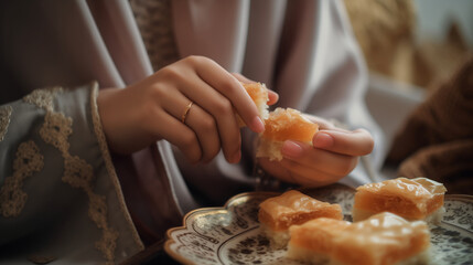 Obraz na płótnie Canvas Close-up of Muslim woman having baklava for dessert at home 