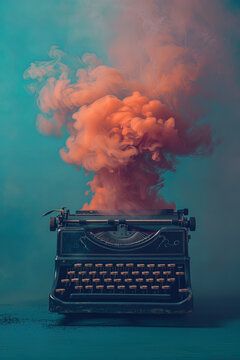 Vintage Typewriter Emitting Colorful Smoke Cloud. Generative AI image