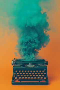 Vintage typewriter with blue smoke on orange backdrop. Generative AI image