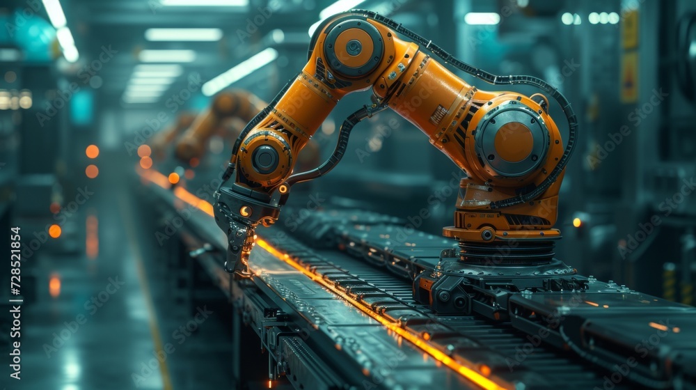 Poster Industry 4.0 or 4th industrial revolution smart robot arms for digital factory production technology and IOT software to ensure operations are automated.