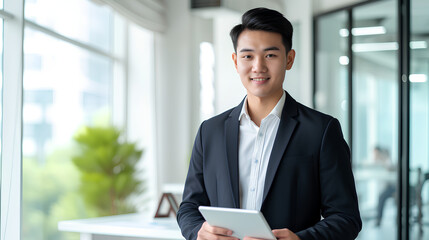 A smiling Asian businessman using a digital tablet in the background of the office.