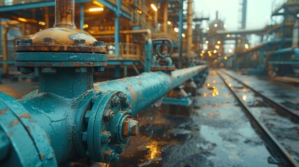 In an oil refinery, close-up view of industrial pipelines, detailed view of oil pipeline with valves.