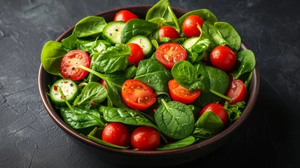 Fototapeten The background of a salad bowl is white and it is filled with spinach leaves, cherry tomatoes, lettuce, cucumbers, and many other vegetables. © Zaleman