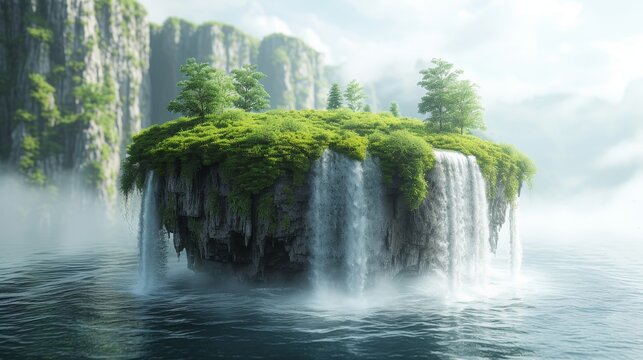 Beautiful landscape with green grass and waterfalls mountains on white background. Floating forest island illustration in 3D.