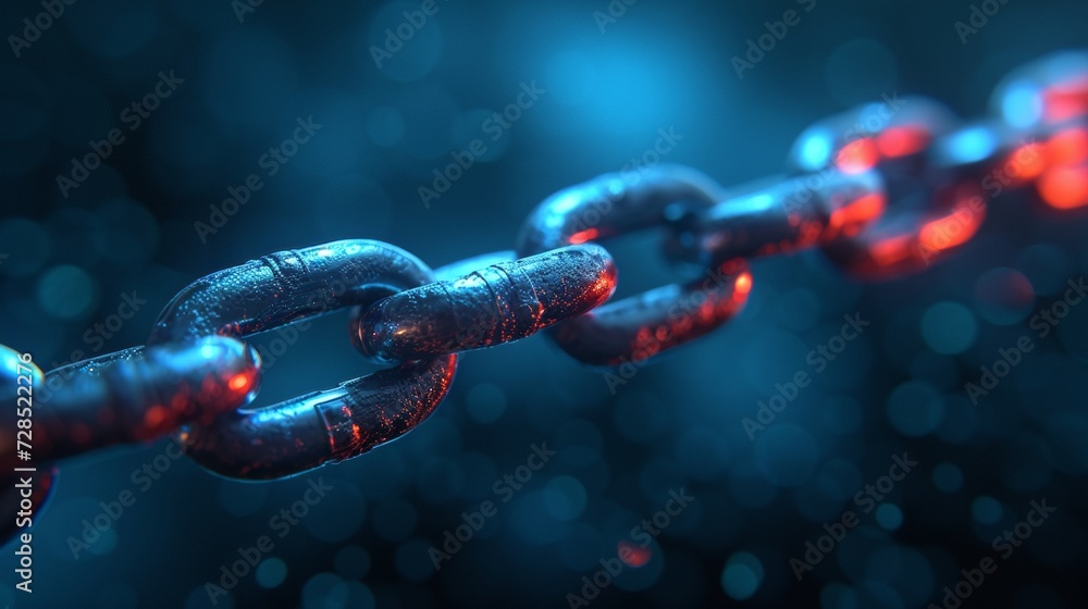 Poster Symbol of communication, security, internet safety, collaboration, in isolation from an abstract chain. Wireframe chain element isolated on blue background. Blockchain technology, link