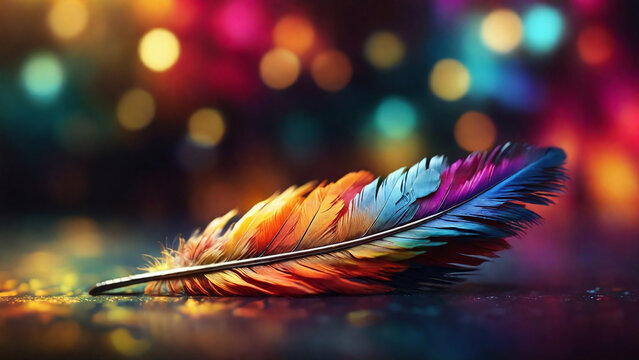 Closeup Photograph of Colorful Feather, Defocused Background, Bokeh, Beautiful Wallpaper.