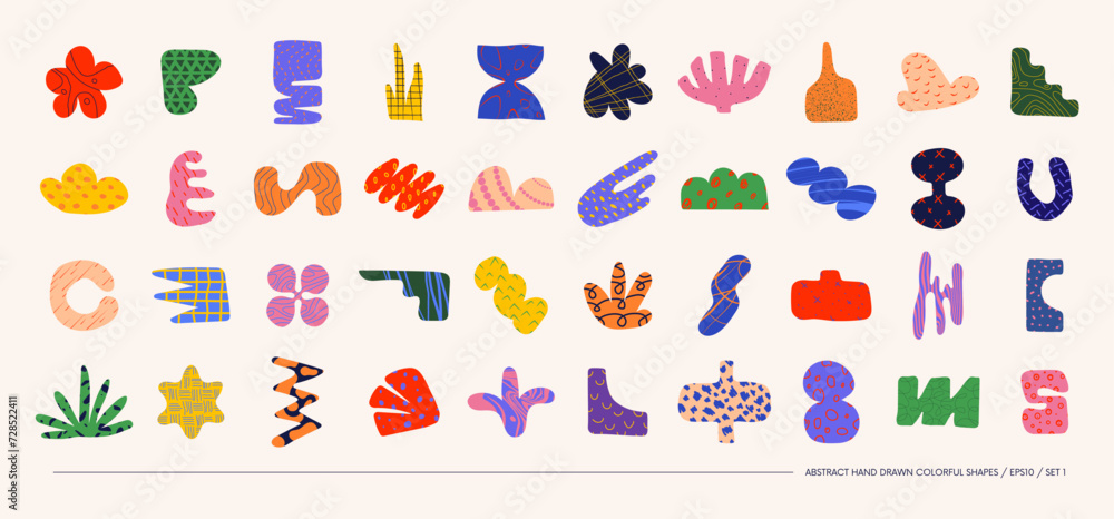Poster collection of minimalistic bizarre abstract geometric shapes and forms with different textures in co