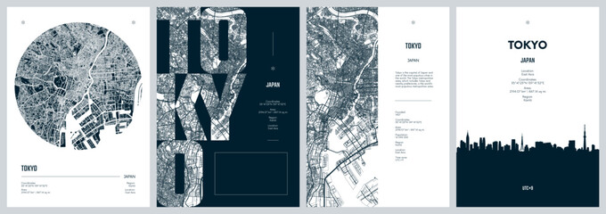 Set of travel posters with Tokyo, detailed urban street plan city map, Silhouette city skyline, vector artwork