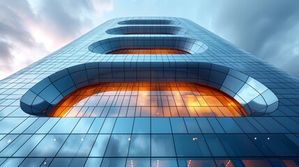 View from an angle of futuristic architecture, 3D rendering of an office tower with curving windows.