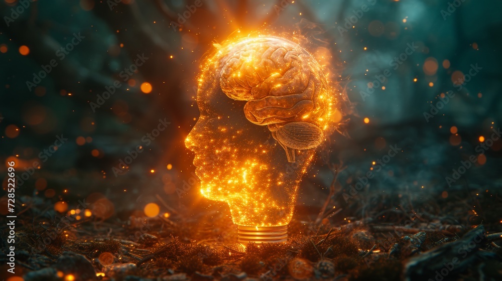 Poster the human head is shaped like a lightbulb with the brain inside. digital age innovation is being pio