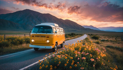 Yellow Campers Bus On the Road Blazing With Flowers and Natures, Sunset at Before Mountains, Travel Stock Photos.