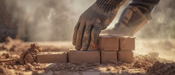 Construction worker's hands laying bricks with precision, amidst a cloud of dust - obrazy, fototapety, plakaty