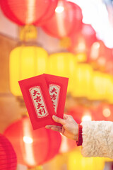 Naklejka na ściany i meble Holding Spring Festival red envelope in hand